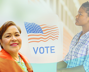 Collage of Latino women surrounded by emblems that advocate for voting.