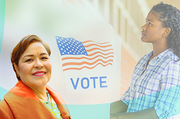 Collage of Latino women surrounded by emblems that advocate for voting.