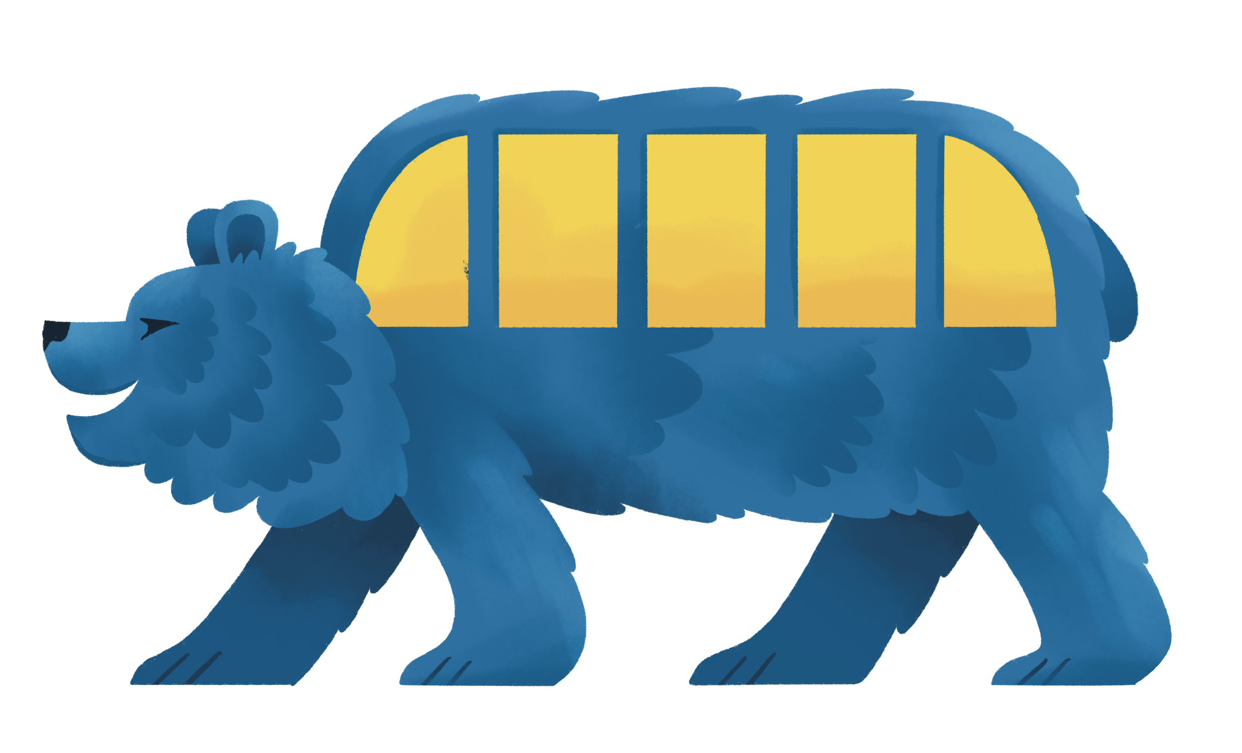 A cartoon drawing of a blue bear-shaped Bruin bus with yellow windows.