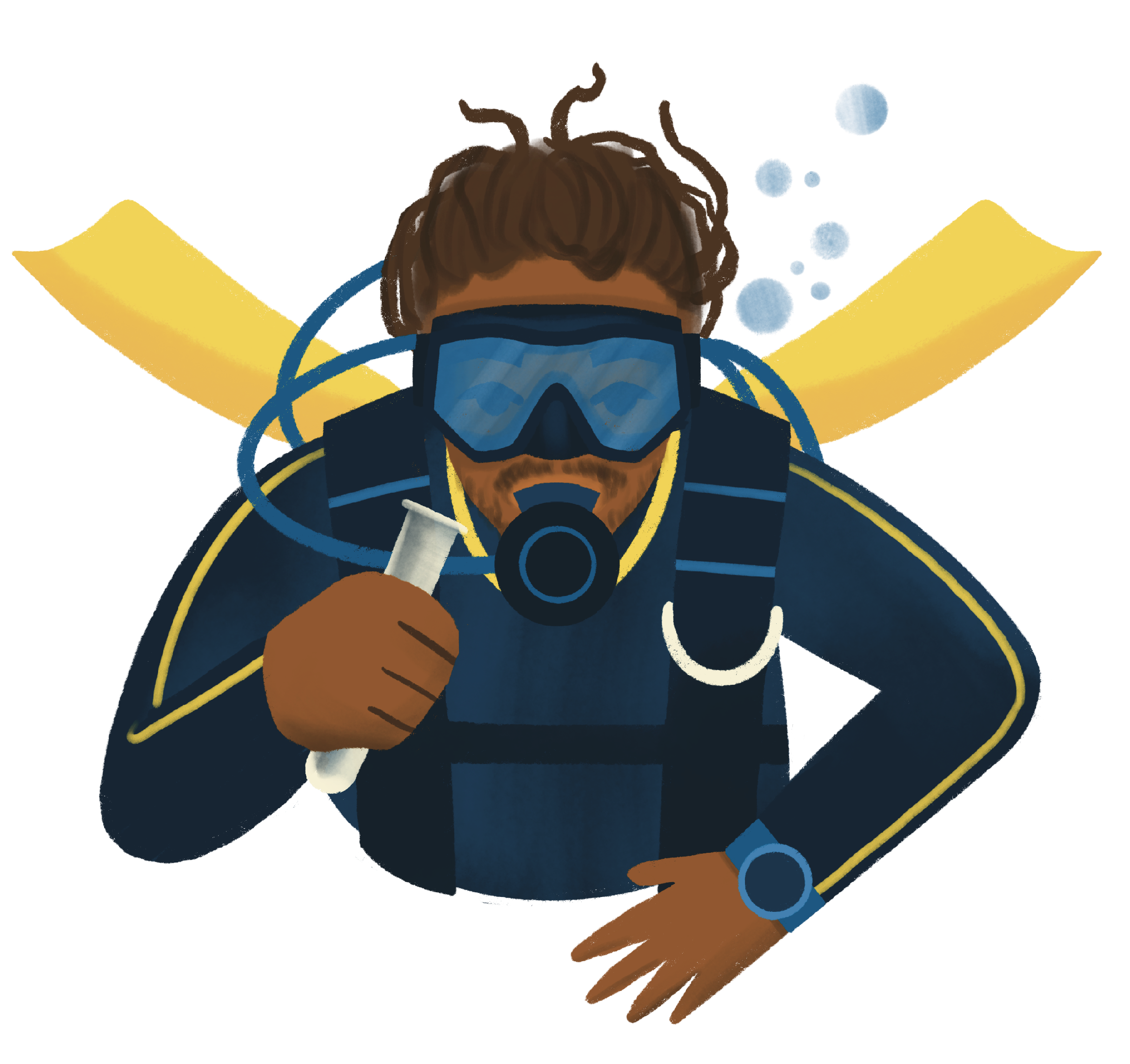 A cartoon depiction of a Black scuba diver holding a test tub to conduct underwater research.