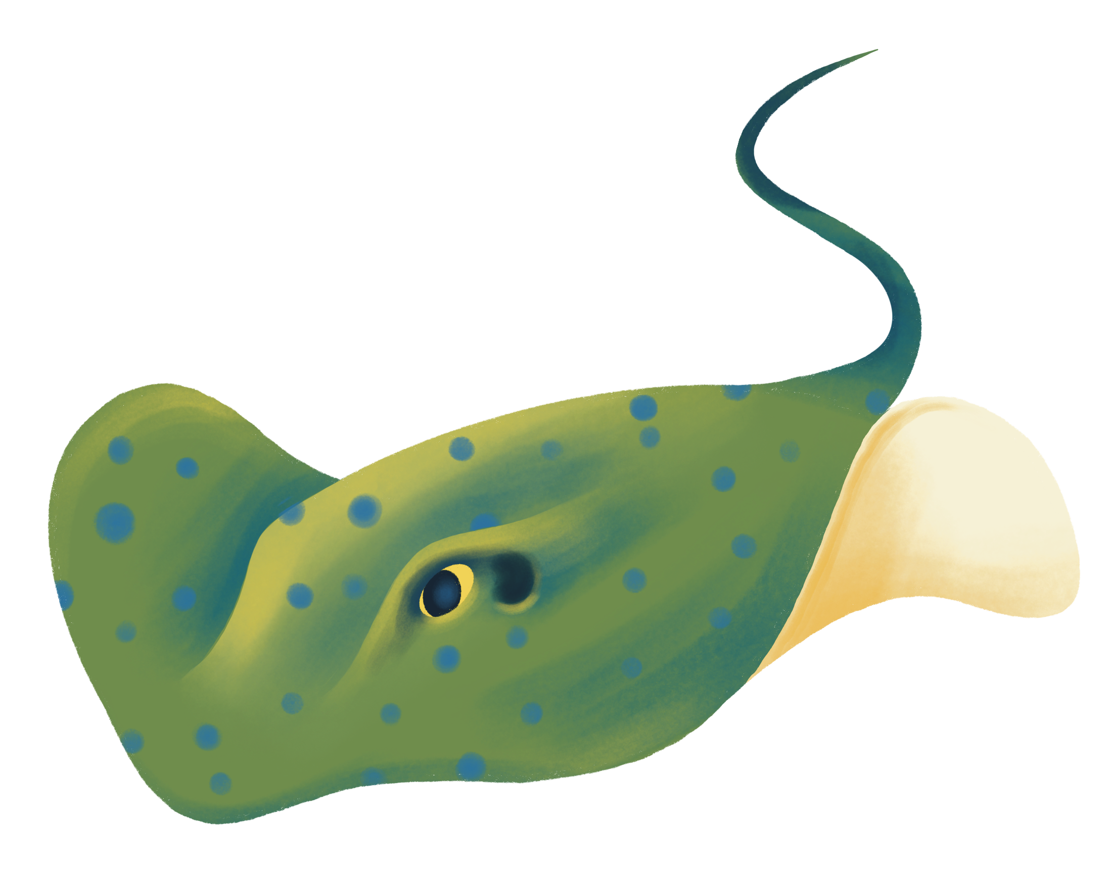 A cartoon depiction of a green stingray with blue polka dots.