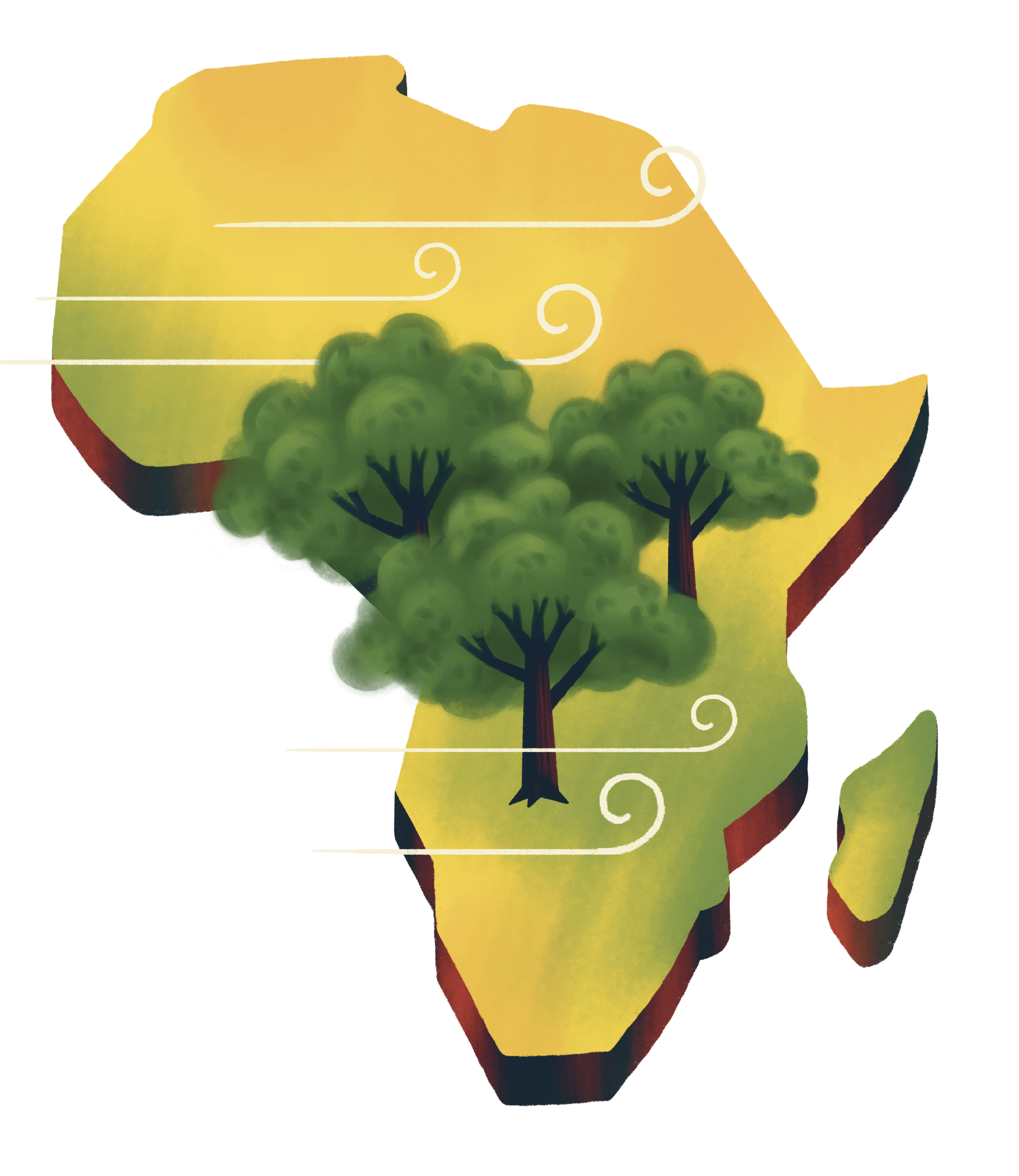 A cartoon depiction of the continent of Africa with stylized wind and tree details.