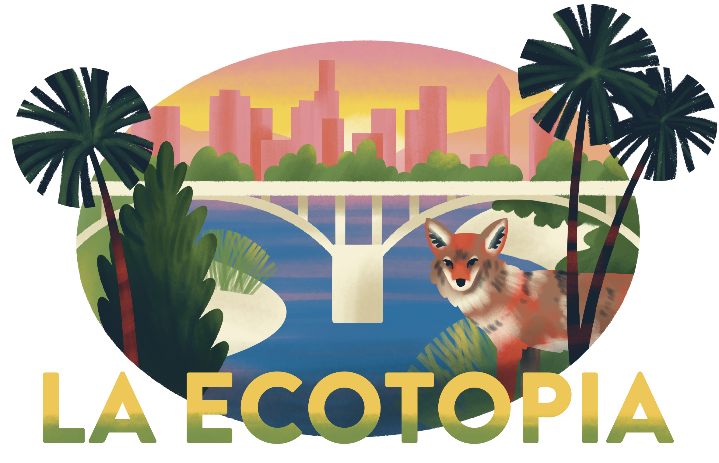 A cartoon depiction of the Los Angeles skyline with a coyote and palm trees and the words 