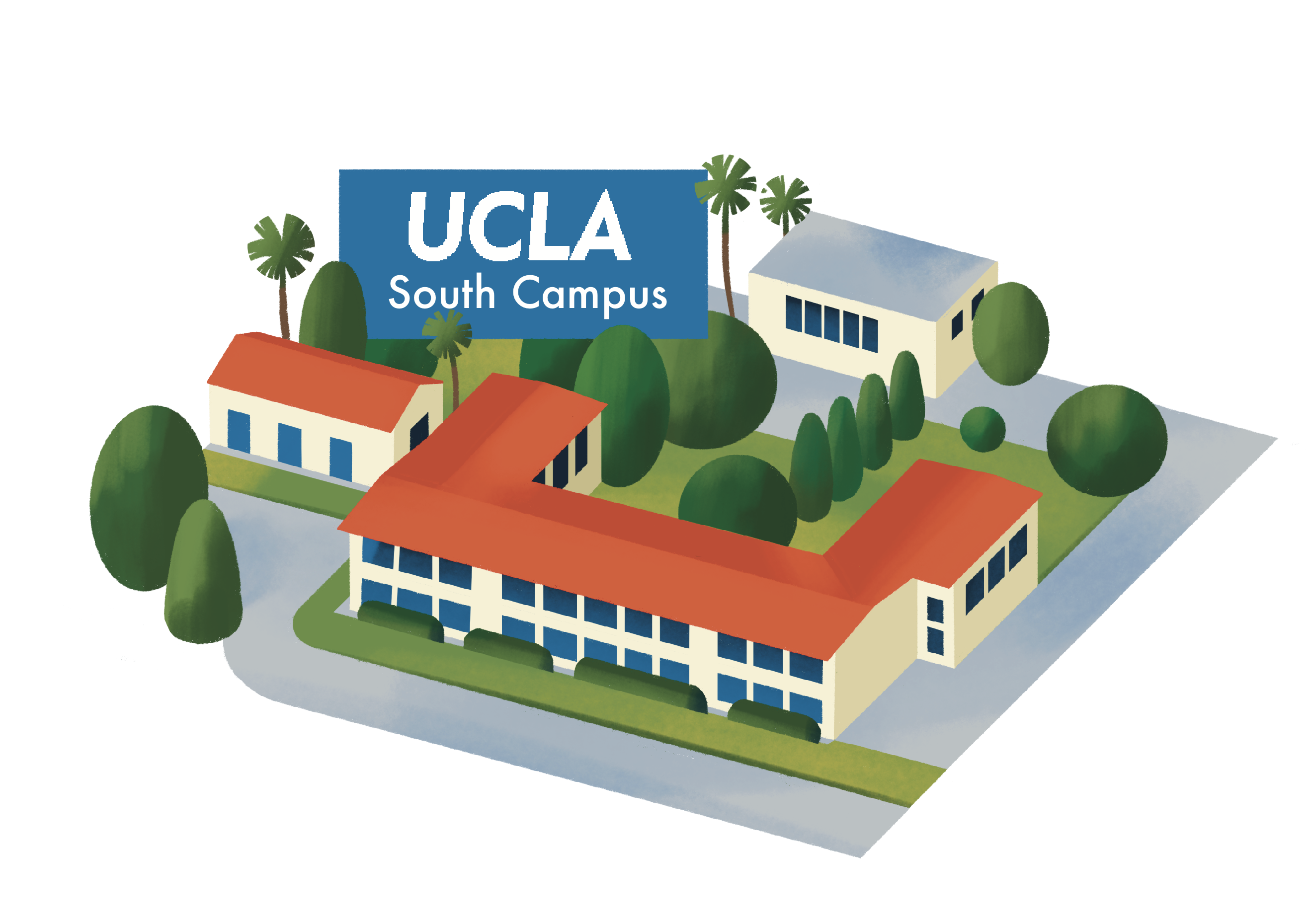 A cartoon depiction of some buildings on the UCLA South Campus.