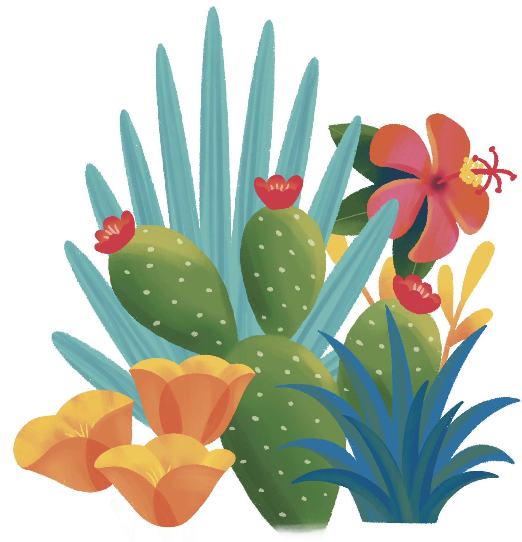 A cartoon depiction of colorful cacti and flowers.