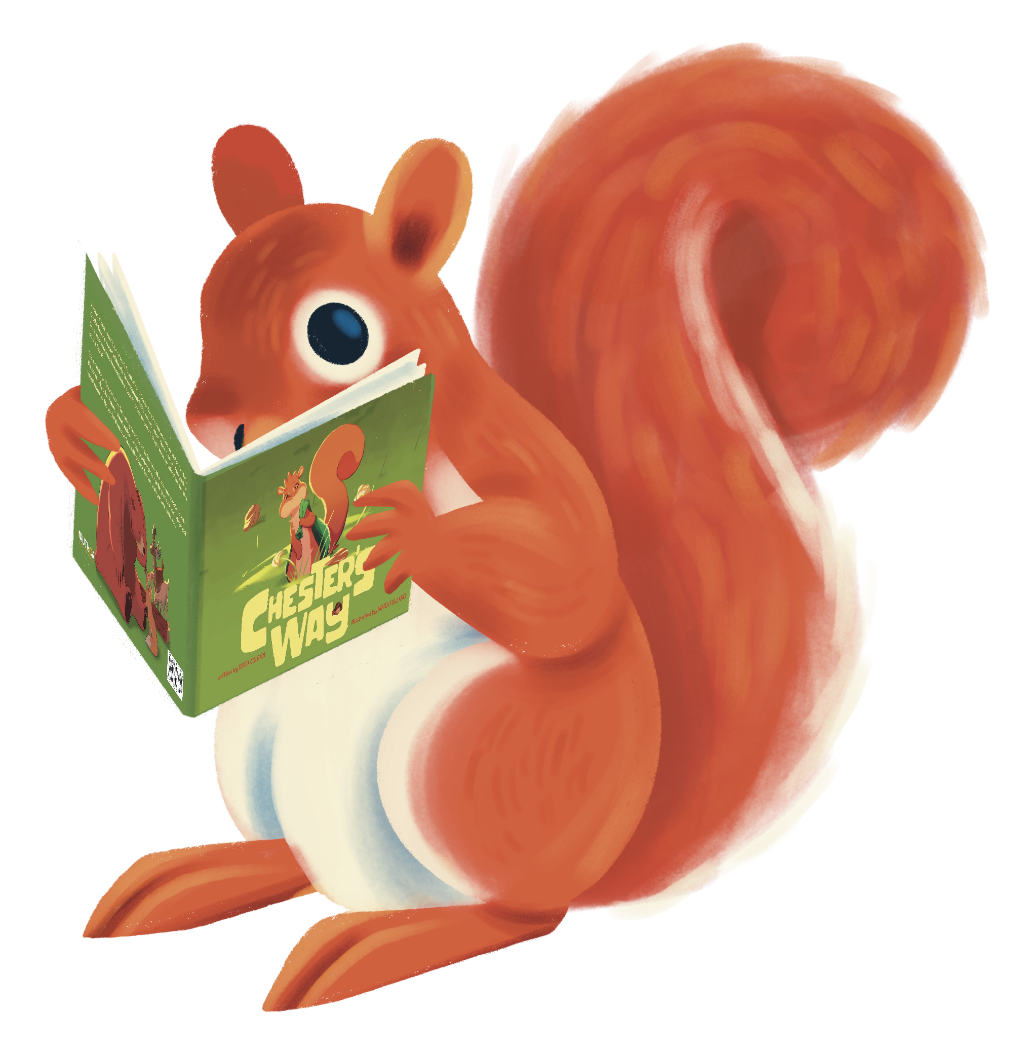 A cartoon depiction of a red squirrel reading a copy of the children's book 