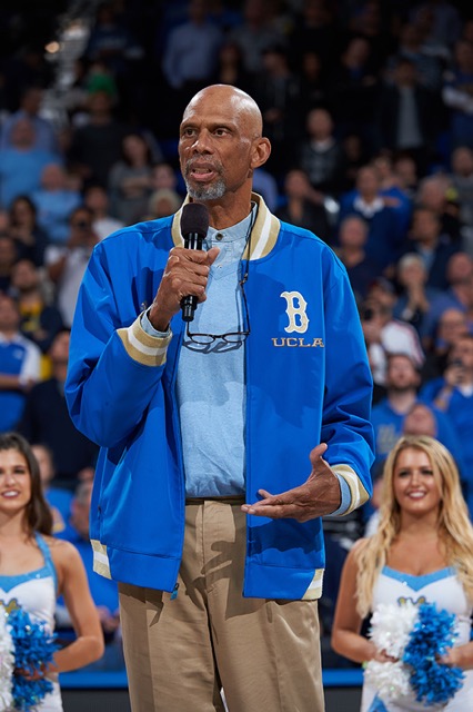 Kareem Abdul-Jabbar addresses the crowd at Pauley Pavilion during UCLA’s Kareem Abdul-Jabbar Day, 2017