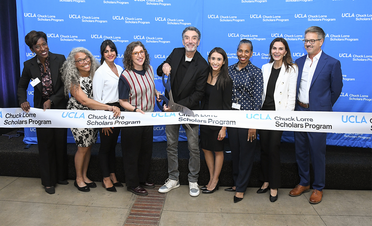 Chuck Lorre, center, along with faculty, staff and supporters at the Chuck Lorre Scholars Program ribbon cutting ceremony. 