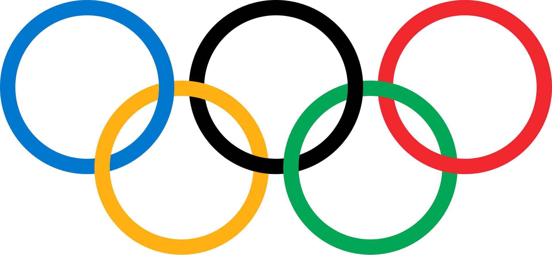 The interlocked five Olympic rings: blue, yellow, black, green and red.