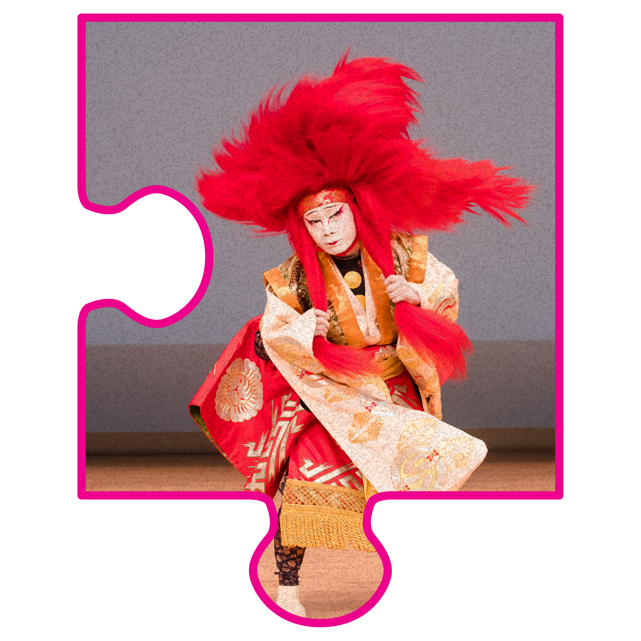 A stylized puzzle piece with an image of Kabuki actor Nakamura Kyozo in a performance of “Shujaku jishi” in a red, gold and white costume.