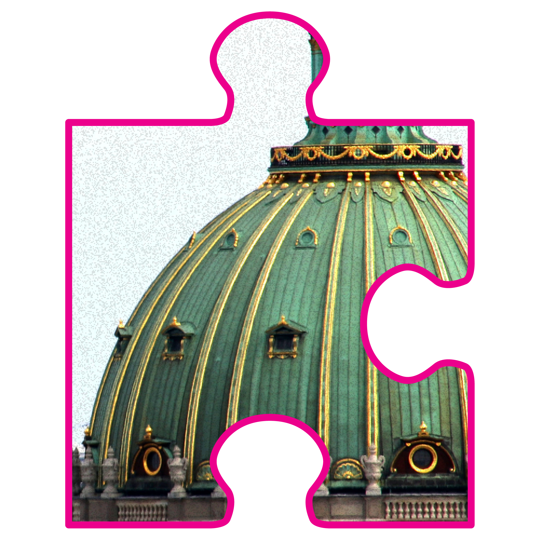 A stylized puzzle piece with an image of a green and gold building dome