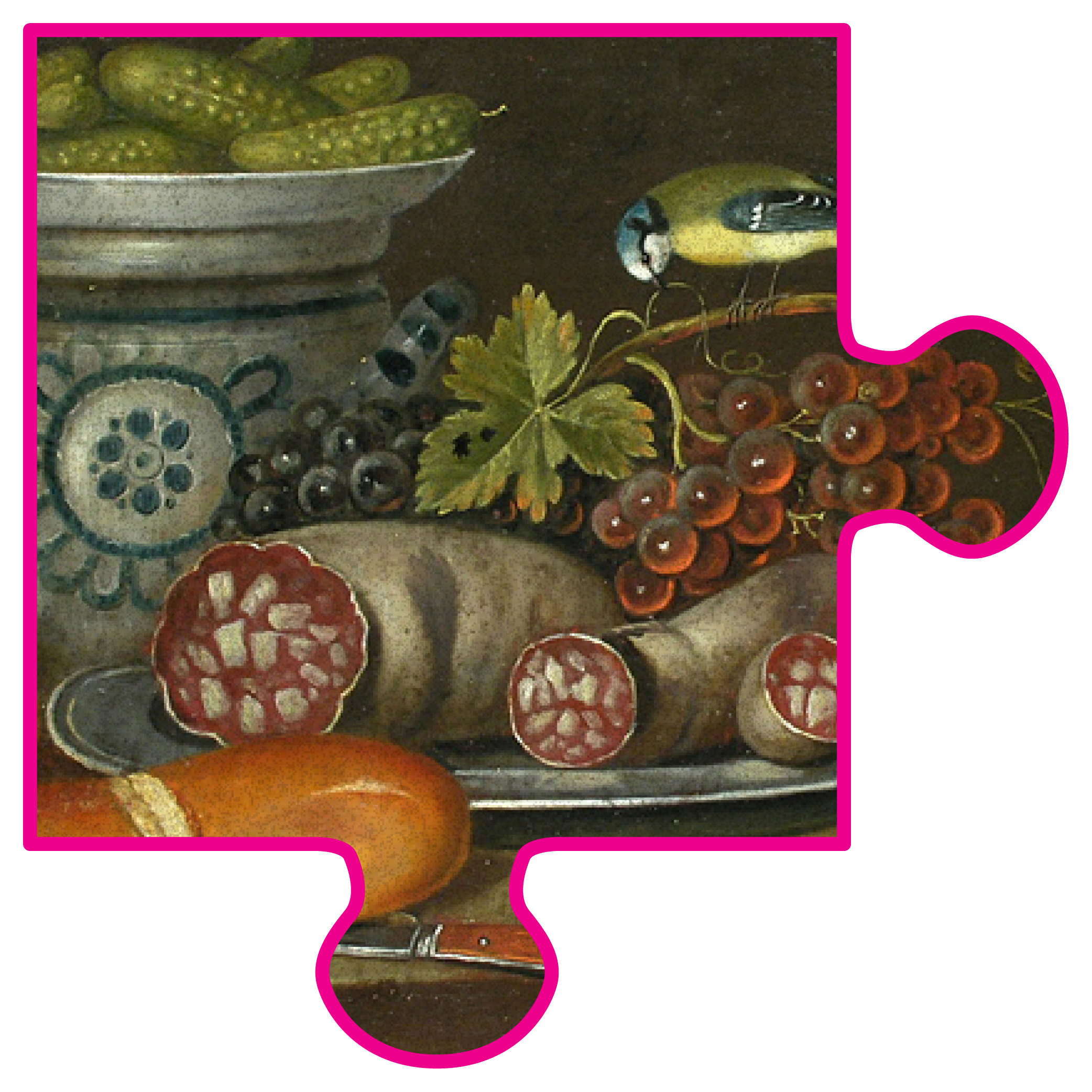 A stylized puzzle piece with a classical painting of food on a table with a small bird perching on grapes.