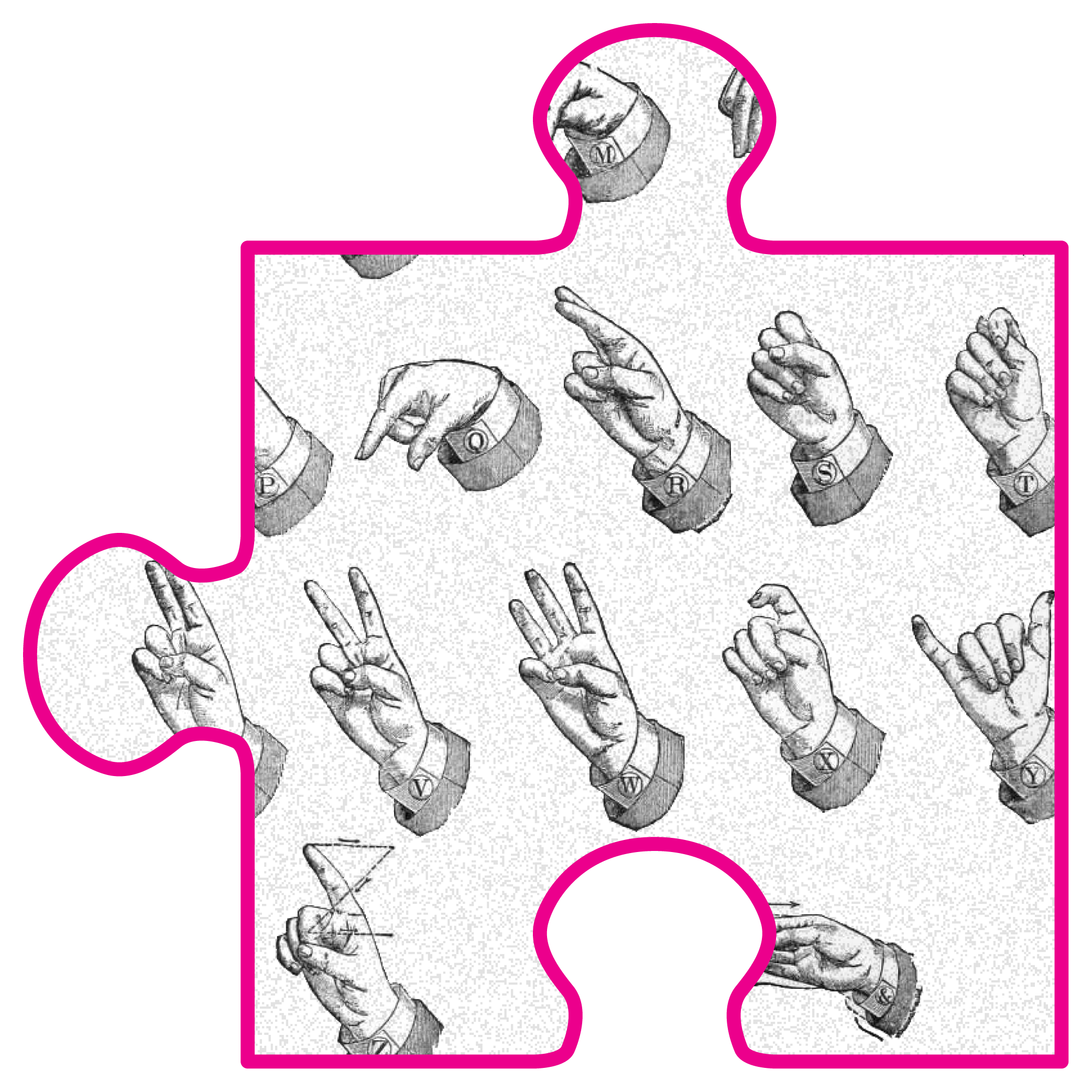 A stylized puzzle piece with black and white drawings of hands performing American Sign Language signs.