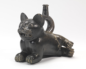 Ceramic vessel in feline form from Moche community in Peru