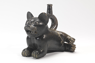 Ceramic vessel in feline form from Moche community in Peru