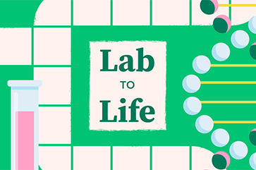 An illustration featuring test tubes, a double helix molecule and pills against a green background with white squares in a game-board pattern with the words "Lab to Life" near the center.