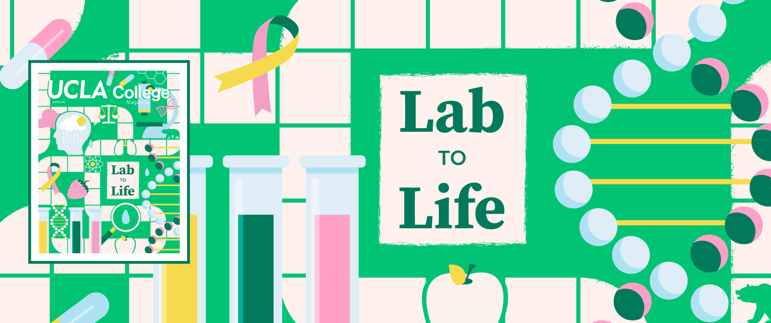 An illustration featuring test tubes, a double helix molecule and pills against a green background with white squares in a game-board pattern with the words "Lab to Life" near the center.