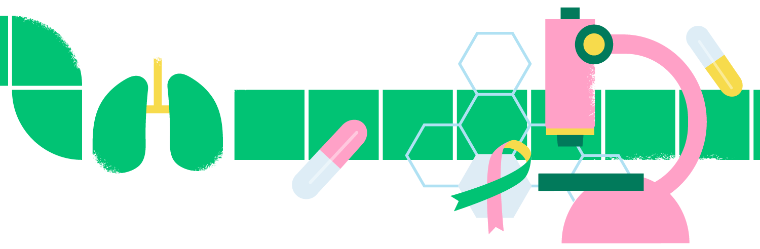 Illustration featuring lungs, chemistry tools, a microscope, pills, and a multi-colored cancer ribbon.