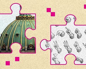 Two illustrated puzzle pieces (one with a building, the other with hands signing American Sign Language) against a grainy sand-colored background.