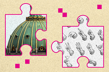 Two illustrated puzzle pieces (one with a building, the other with hands signing American Sign Language) against a grainy sand-colored background.