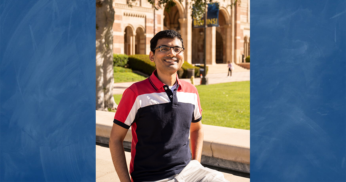 A photo of Pradip Gatkine in a red, white and black shirt in front of Royce Hall superimposed on a blue background. 