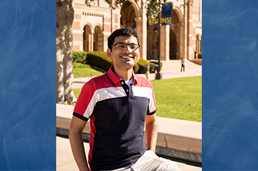 A photo of Pradip Gatkine in a red, white and black shirt in front of Royce Hall superimposed on a blue background.