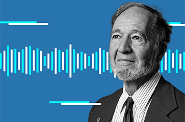 A black and white photograph of Jared Diamond against a blue background with a static white and light blue soundwave illustration spread out horizontally