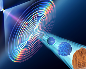 An illustration representing high-resolution microscopic images derived from diffraction patterns by an algorithm