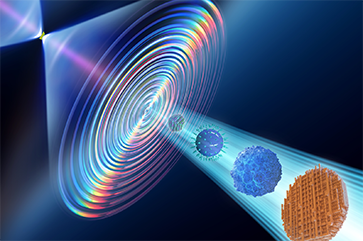 An illustration representing high-resolution microscopic images derived from diffraction patterns by an algorithm