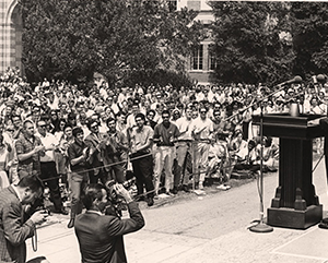 Martin Luther King Jr. speaking at UCLA in 1965, about a month after his triumphant march from Selma to Montgomery, Alabama.