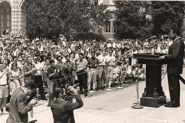 Martin Luther King Jr. speaking at UCLA in 1965, about a month after his triumphant march from Selma to Montgomery, Alabama.