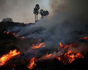 Smoke rises as a wildfire burns in the Pacific Palisades neighborhood of west Los Angeles, California, January 7, 2025.