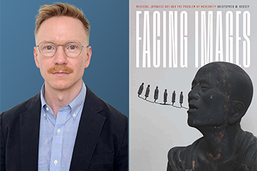 Portrait of Professor Kristopher W. Kersey and the cover of his book, "Facing Images"