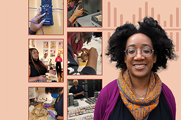 A collage prominently featuring Anya Dani of the UCLA/Getty Interdepartmental Program in the Conservation of Cultural Heritage and smaller photos of members of Black Art Conservators at work.