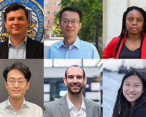 UCLA’s 2025 Sloan Fellows (clockwise from top left): Anton Bernshteyn, Hao Cao, Alvine Kamaha, Chuchu Zhang, Yotam Shem-Tov, Ernest Ryu.