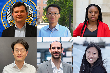 UCLA’s 2025 Sloan Fellows (clockwise from top left): Anton Bernshteyn, Hao Cao, Alvine Kamaha, Chuchu Zhang, Yotam Shem-Tov, Ernest Ryu.