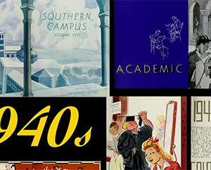 A collage of vintage illustrations depiction Powell Library and student life from the 1930s and 1940s.