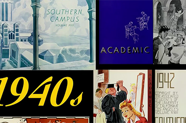 A collage of vintage illustrations depiction Powell Library and student life from the 1930s and 1940s.