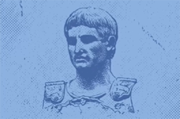 An illustration of Julius Cesar against a blue background.