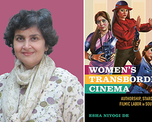 Portrait of Esha Niyogi De next to image of her book cover