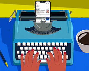 Illustration of hands on a typewriter keyboard with a cellphone resting on the typewriter carriage
