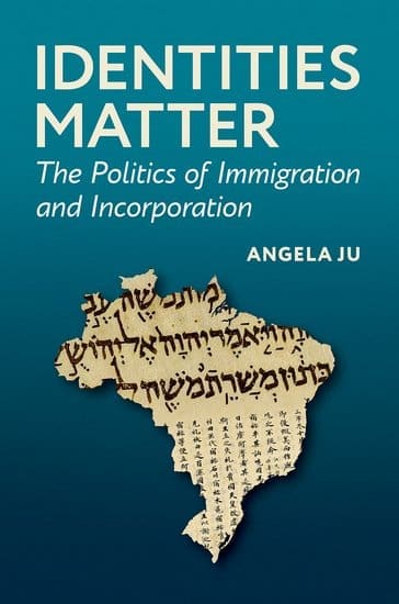 Book cover for Identities Matter: The Politics of Immigration and Incorporation by Angela Ju, featuring Hebrew script forming the shape of Brazil on a blue background.