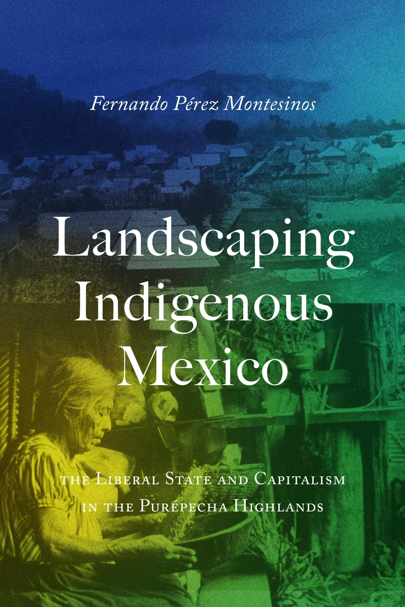 Book cover for Landscaping Indigenous Mexico by Fernando Pérez Montesinos, featuring a background of a rural village and an older person weaving, with gradient blue and green overlay and white, prominent title text.