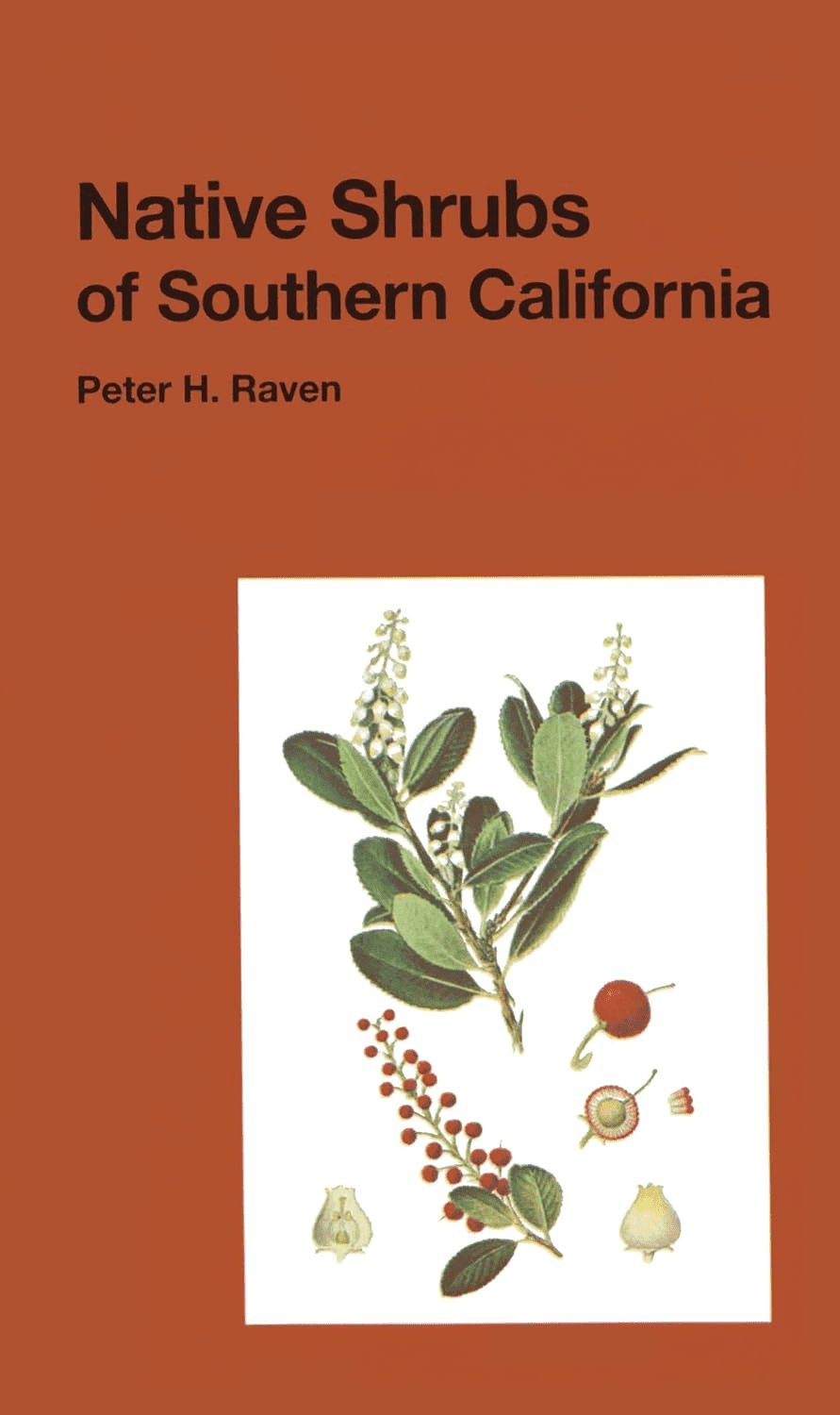The cover of the book Native Shrubs of Southern California by Peter H. Raven, featuring botanical illustrations of shrub leaves, flowers, and fruit on a reddish-brown background.