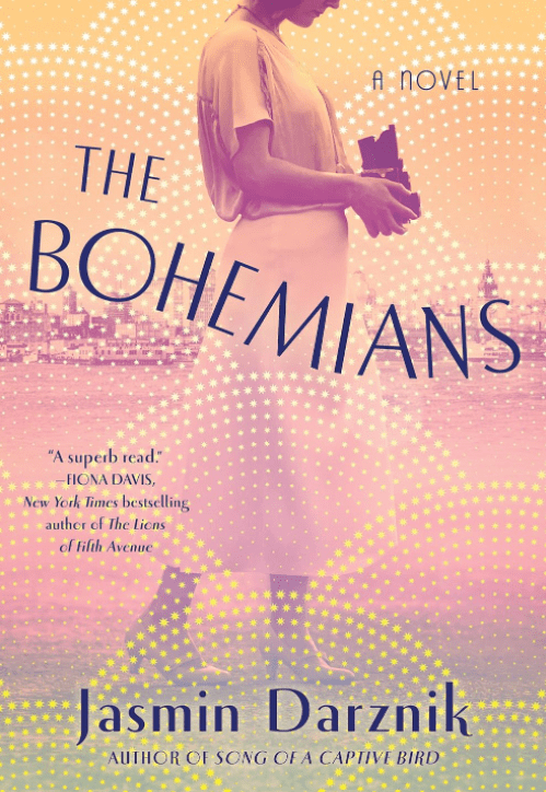 Book cover for The Bohemians by Jasmin Darznik, featuring a woman in vintage clothing standing with a camera against a cityscape background, overlaid with pink and yellow dots.