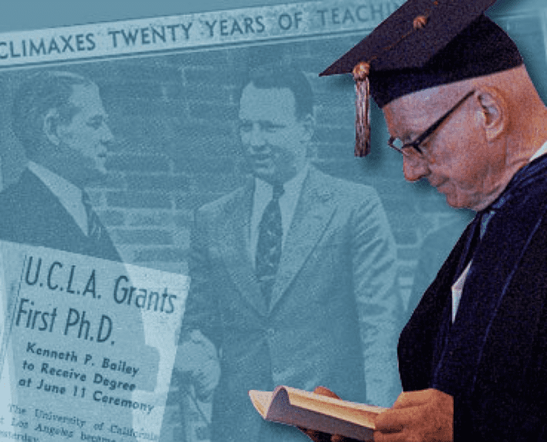 A man in graduation attire reads a book, while a faded background shows a vintage newspaper headline about UCLA granting its first Ph.D. and a photo of two men shaking hands.