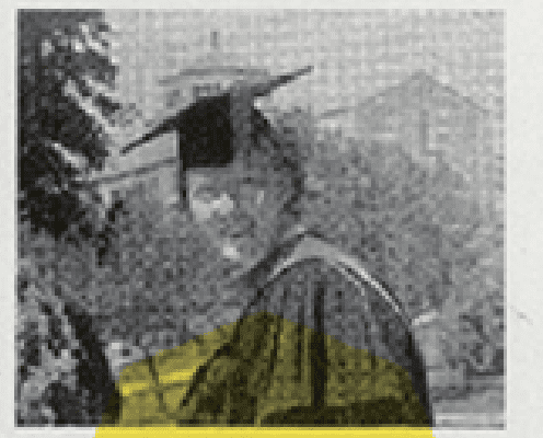 A person wearing a graduation cap and gown stands outdoors, with trees and a building in the background. The image is black and white and slightly pixelated.