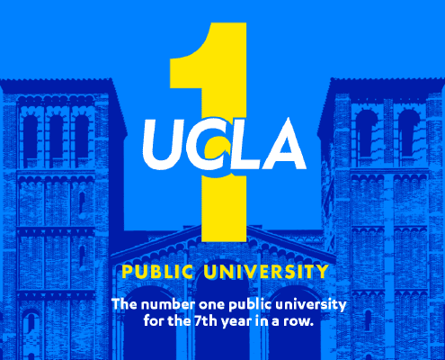 A large yellow number 1 and the text UCLA Public University appear over blue-toned campus buildings, with the message: The number one public university for the 7th year in a row.