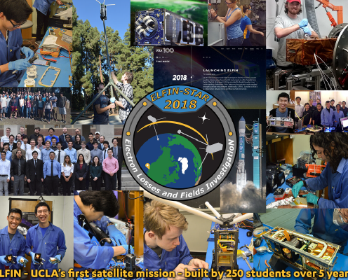 Collage of UCLA students building and testing satellites, featuring group photos, hands-on lab work, and the ELFIN-STAR mission logo at the center. Text reads UCLA’s first satellite mission - built by 250 students over 5 years.