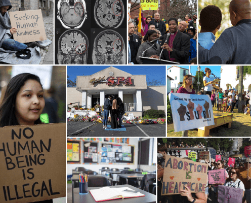 A collage showing protests, brain scans, a memorial at a spa, a classroom, and signs supporting kindness, immigrant rights, Black Lives Matter, abortion access, and healthcare.